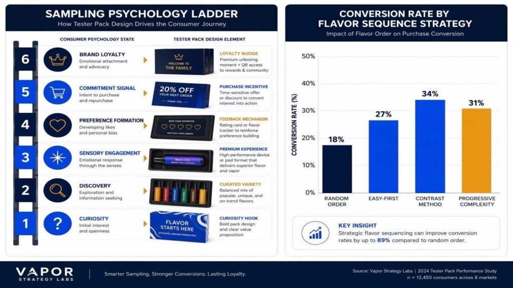 Deux graphiques analytiques : l’échelle psychologique du processus d’échantillonnage en six étapes (de la curiosité à la fidélité à la marque) avec des déclencheurs de conception pour chaque étape, et un diagramme à barres comparant les taux de conversion selon la stratégie de séquence de saveurs (Méthode Contrast 34 % contre Ordre aléatoire 18 %) — tirés du guide de stratégie d’échantillonnage de CUIGUAI Flavoring.