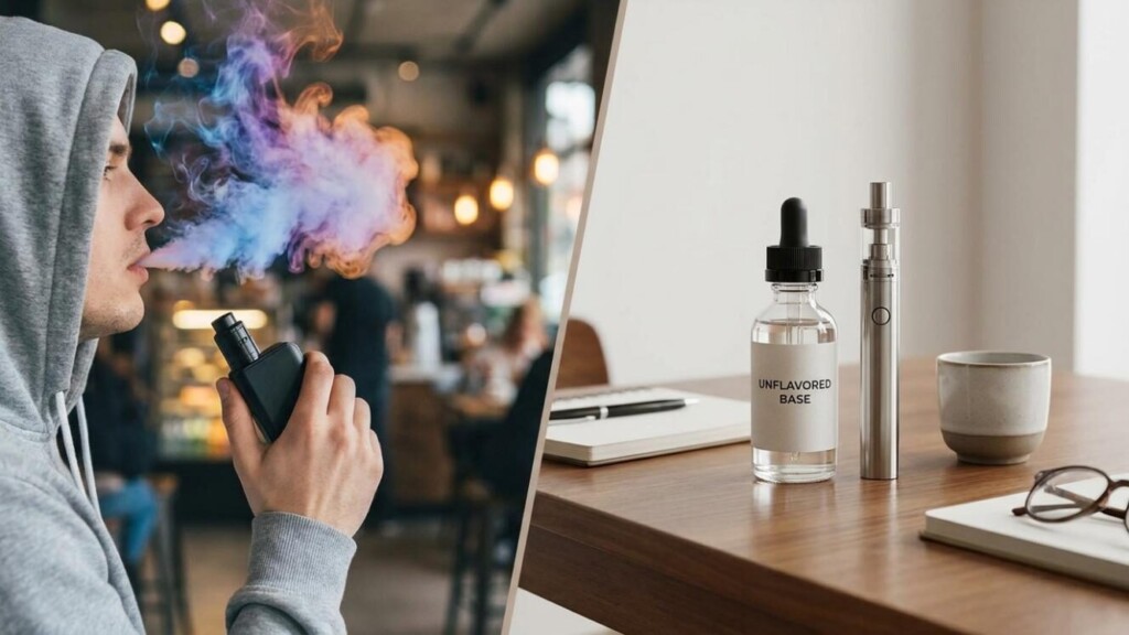 A side-by-side comparison of flavored and unflavored vaping setups, illustrating the lifestyle and behavioral drivers behind the growing base-only vaping movement.