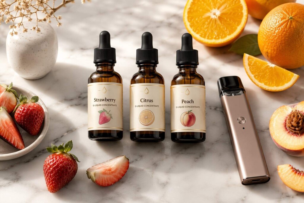 CUIGUAI Flavoring's premium fruit e-liquid concentrate collection: strawberry, citrus, and peach, engineered for optimal throat hit balance and flavor authenticity. Manufactured in Guangdong, China with full regulatory documentation.