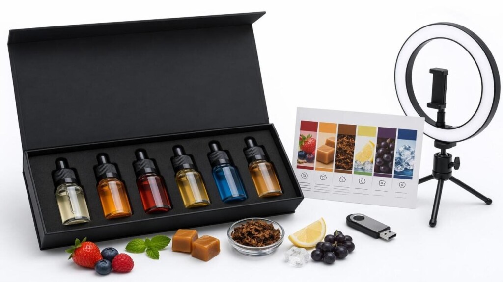 Премиальный набор образцов ароматизаторов для электронных жидкостей CUIGUAI Flavoring, подготовленный для презентации обозревателям — множество вариантов вкусов с документацией и профессиональной постановкой. Доступен для глобальных поставок B2B OEM, с полным техническим сопровождением и программой предоставления образцов для YouTube-обозревателей.
