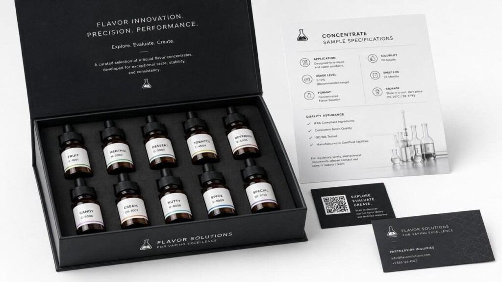 Le kit d'échantillons de concentrés de saveurs pour e-liquide B2B de CUIGUAI Flavoring — flacons compte-gouttes ambrés emballés avec précision, fiches techniques, certificat d'analyse et carte QR — illustrant l'approche axée sur la documentation technique du fabricant pour l'échantillonnage B2B destiné aux clients mondiaux de marques OEM de e-liquide.