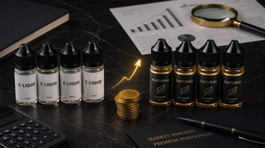 Premium natural e-liquid bottles versus standard packaging with gold coins representing price premium — hero image for CUIGUAI Flavoring's market intelligence analysis of price elasticity in premium and natural e-liquid flavors and consumer willingness to pay.