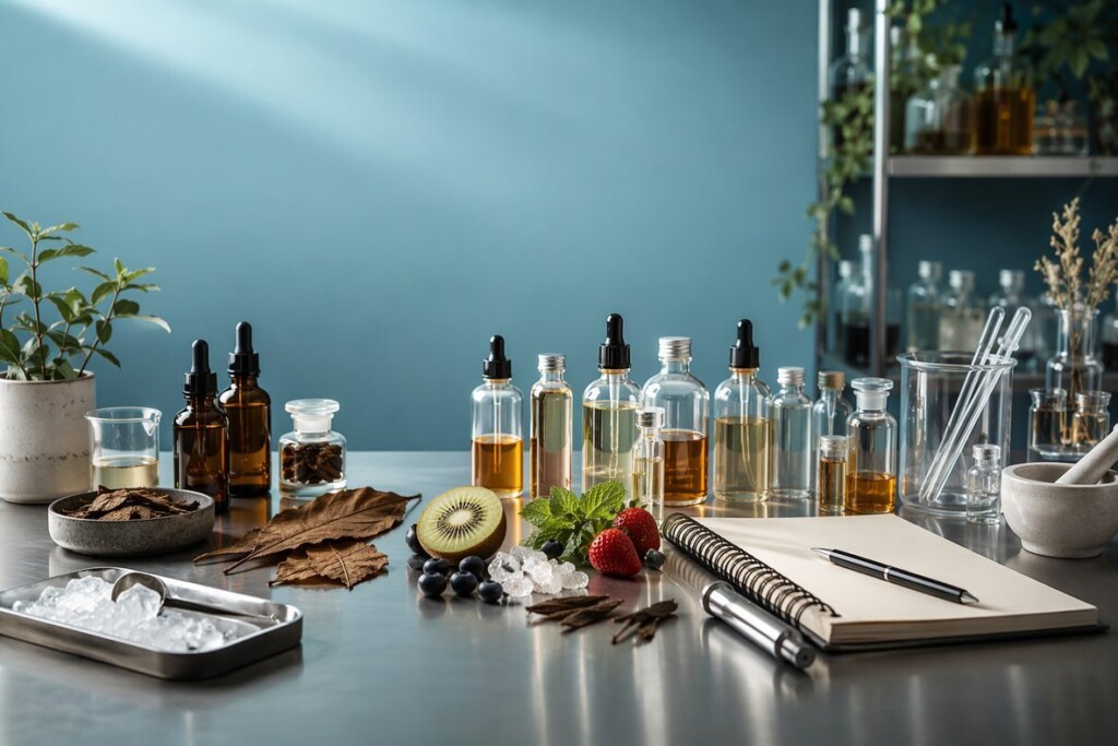 A professional e-liquid flavor R&D bench with sample bottles and sensory ingredients, illustrating the technical challenge of creating an all-day vape flavor that stays balanced over repeated puffs.