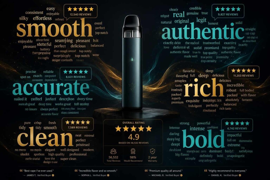 Decode the most powerful quality descriptors vapers use in e-liquid reviews. CUIGUAI Flavoring's expert analysis covers 'smooth,' 'accurate,' 'authentic,' 'complex,' and more — with flavor chemistry insights for e-liquid brand developers.