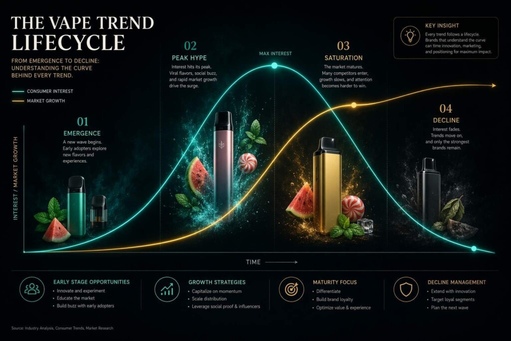 Analyze the complete lifecycle of hype e-liquid flavors from emergence to decline. CUIGUAI Flavoring's expert guide maps each trend phase, provides timing benchmarks, and offers formulation and inventory strategies for brands at every stage.