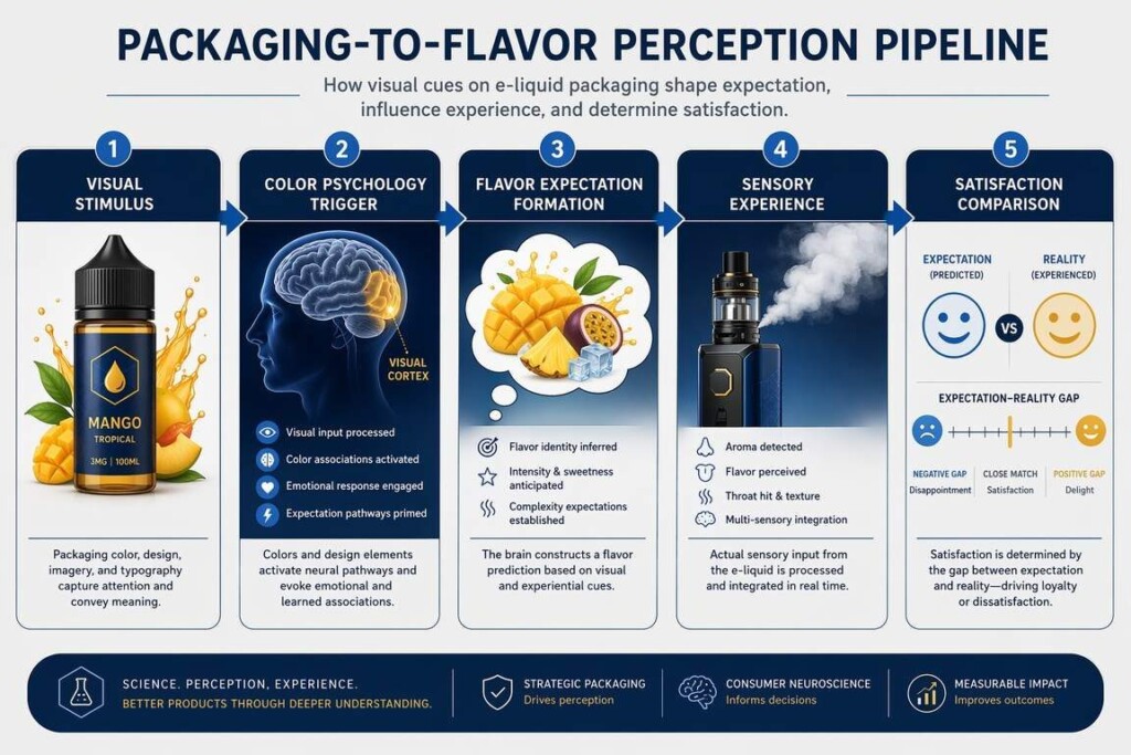 A five-stage infographic pipeline showing how e-liquid packaging design creates flavor expectations — visual stimulus triggers color psychology, forming flavor expectations that interact with actual vapor experience to determine consumer satisfaction. From CUIGUAI Flavoring's brand and flavor science guide.