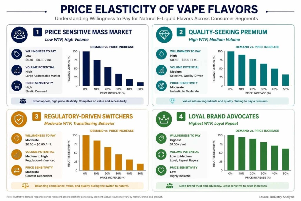 A four-quadrant matrix showing e-liquid consumer segments and their willingness to pay for natural flavors — Price Sensitive Mass Market (low WTP), Quality-Seeking Premium (high WTP), Regulatory-Driven Switchers (moderate WTP), and Brand-Loyal Advocates (highest WTP). From CUIGUAI Flavoring's price elasticity analysis.