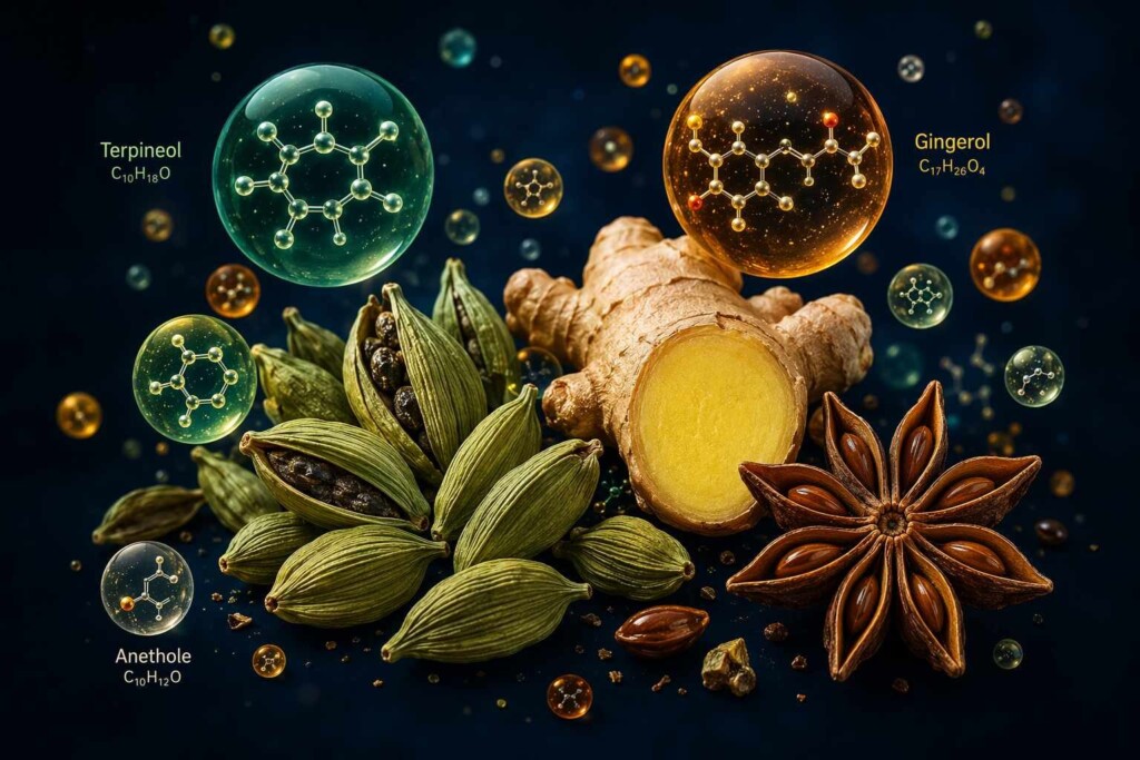 Scientific visualization of key aroma and pungency molecules in cardamom, ginger, and anise e-liquid flavor concentrates. Covers 1,8-cineole, 6-gingerol, trans-anethole, and their roles in premium spice vaping formulations.