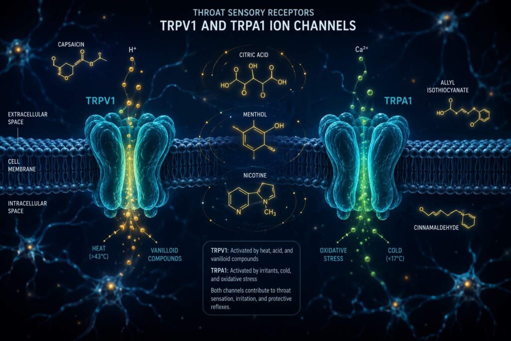 Scientific visualization of TRPV1 and TRPA1 ion channel activation underlying throat hit sensation in fruit-flavored e-liquids. Covers nicotine, citric acid, and fruit aroma compound interactions with pharyngeal sensory receptors.