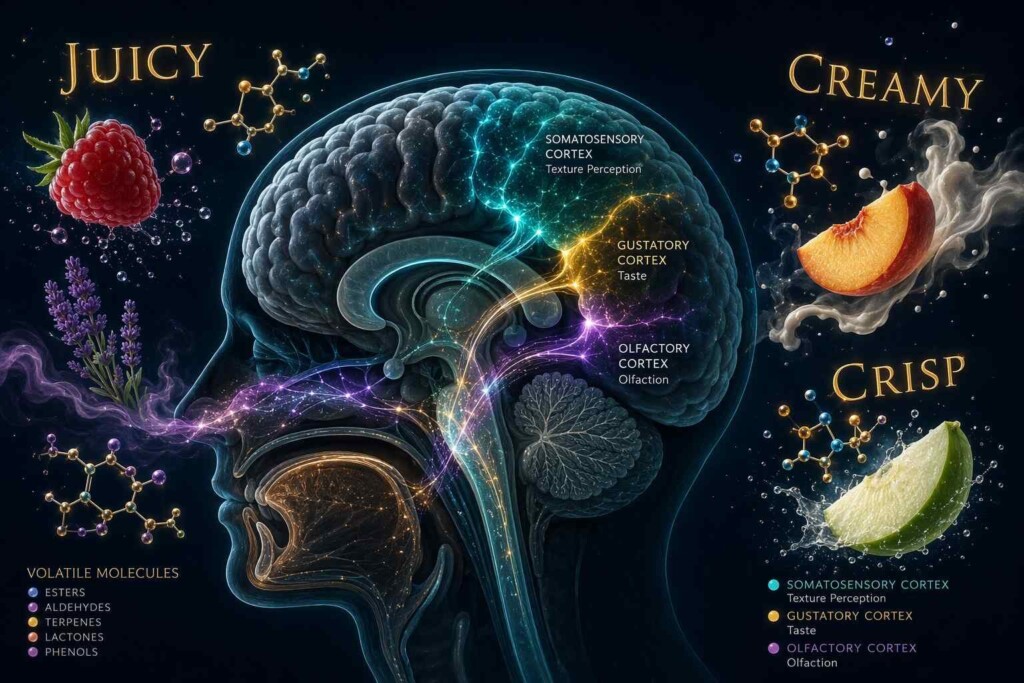 Scientific illustration of how texture descriptors "juicy," "creamy," and "crisp" activate multisensory brain regions in e-liquid consumer perception. Covers gustatory cortex, somatosensory cortex, and olfactory crossmodal activation mechanisms.