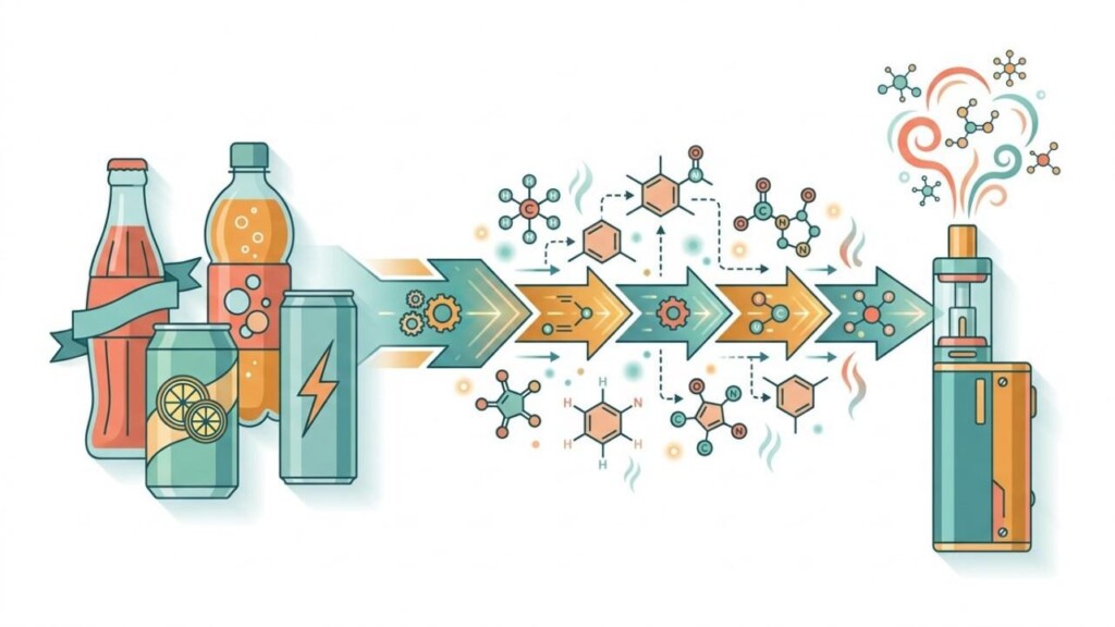 A flat-design infographic illustrating the flavor transfer pipeline from carbonated soda beverage icons (cola, lemon-lime, energy drink) through shared flavor molecule chemistry into e-liquid formulation, supporting CUIGUAI Flavoring's cross-category trend analysis.