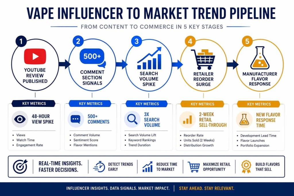A five-stage pipeline infographic showing how a YouTube vape review publication translates to commercial market impact — from video publish through comment signals, search volume spike, retailer reorder, to manufacturer flavor response — from CUIGUAI Flavoring's market intelligence analysis.