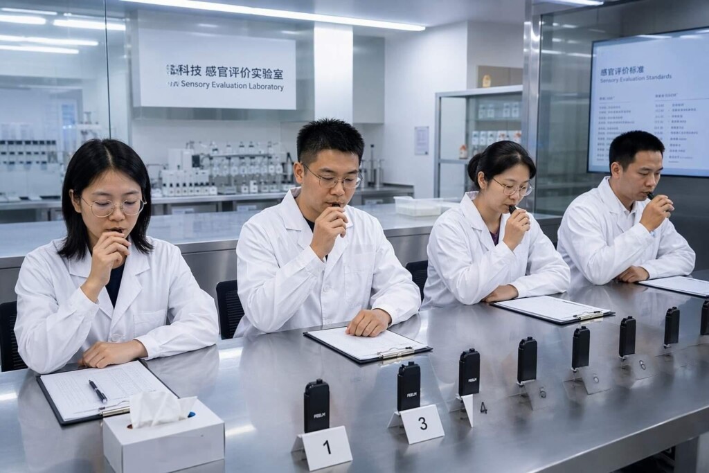 CUIGUAI Flavoring's professional e-liquid sensory evaluation panel conducting blind taste tests in Guangdong, China. Quality validation against review-descriptor specifications ensures batch consistency and consumer satisfaction.