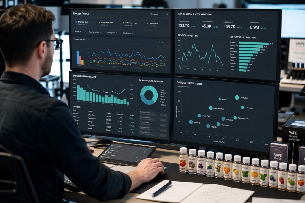 CUIGUAI Flavoring's brand strategy team monitoring real-time flavor trend signals — Google Trends, social media, and SKU sales data — to identify emergence-phase opportunities and optimize lifecycle timing decisions.