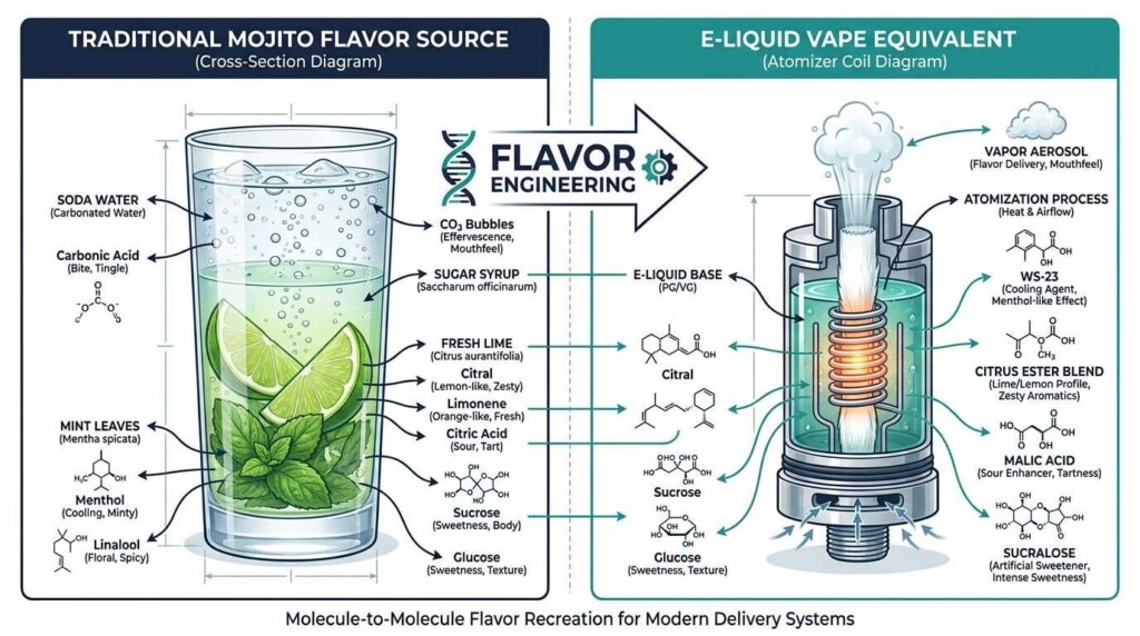 A split-panel technical infographic comparing the Mojito cocktail's flavor chemistry (menthol, citral, citric acid, CO₂ bubbles) with the engineered vape equivalent (WS-23 cooling, limonene, malic acid, volatile esters) — illustrating CUIGUAI Flavoring's mocktail vape formulation approach.
