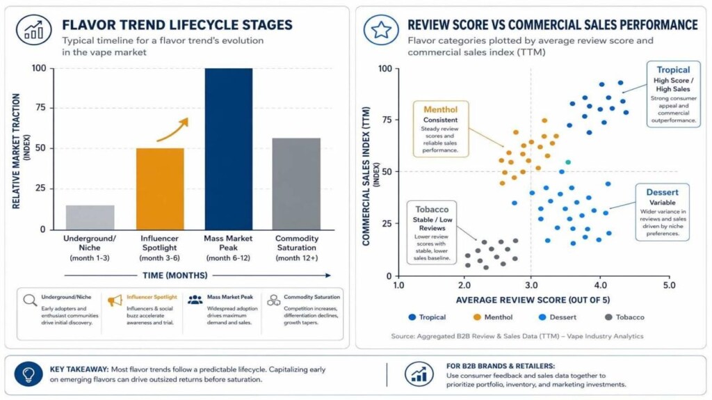Two analytical charts: the four-stage e-liquid flavor trend lifecycle (niche to commodity saturation) and a review score vs. commercial sales scatter plot by flavor category — from CUIGUAI Flavoring's market intelligence analysis of YouTube reviewer commercial impact.