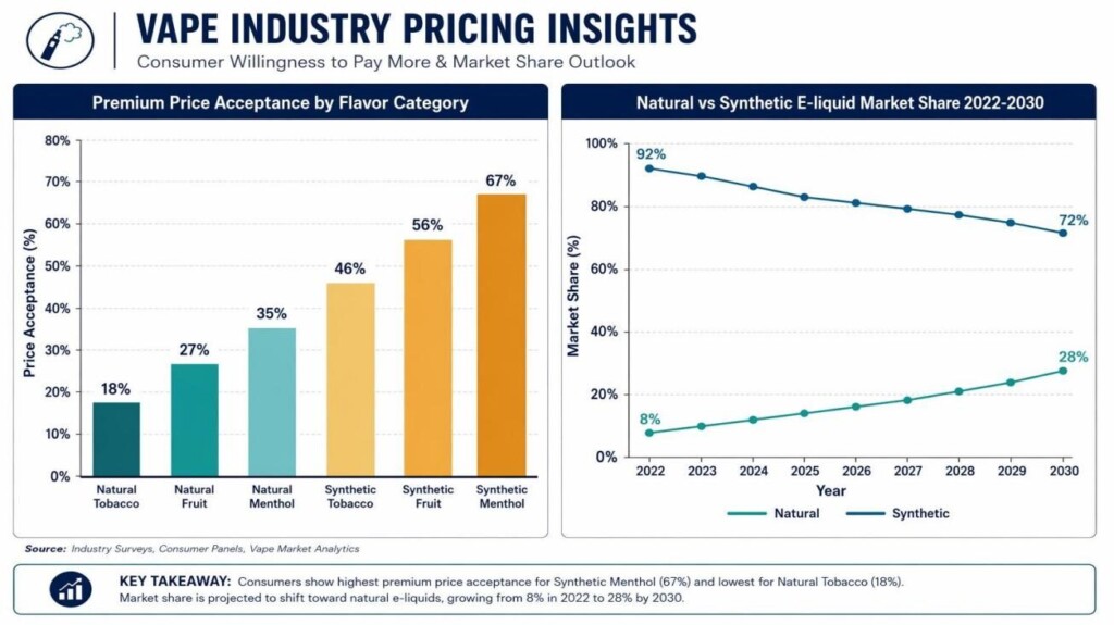 Two analytical charts: premium price acceptance rates for natural versus synthetic e-liquid by flavor category (natural tobacco 67% vs synthetic 18%) and projected natural e-liquid market share growth from 8% in 2022 to 28% in 2030. From CUIGUAI Flavoring's market intelligence analysis.