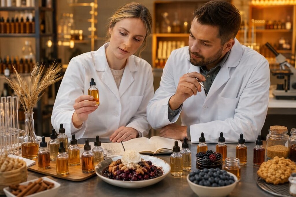 A professional e-liquid flavor R&D consultation with berry cobbler reference and bakery-fruit vape samples, representing the collaborative development process behind balanced dessert fusion profiles.