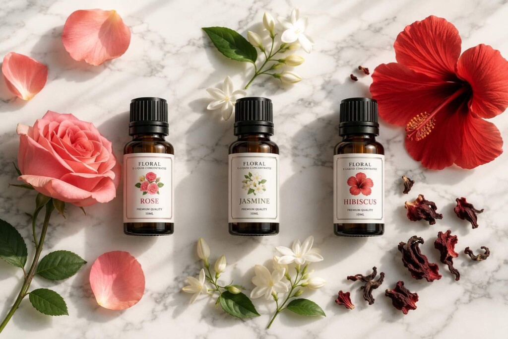CUIGUAI's premium floral e-liquid concentrate collection: rose, jasmine, and hibiscus. Manufactured in Guangdong, China. Professional-grade flavor concentrates for e-liquid brands seeking authentic botanical flavor profiles.