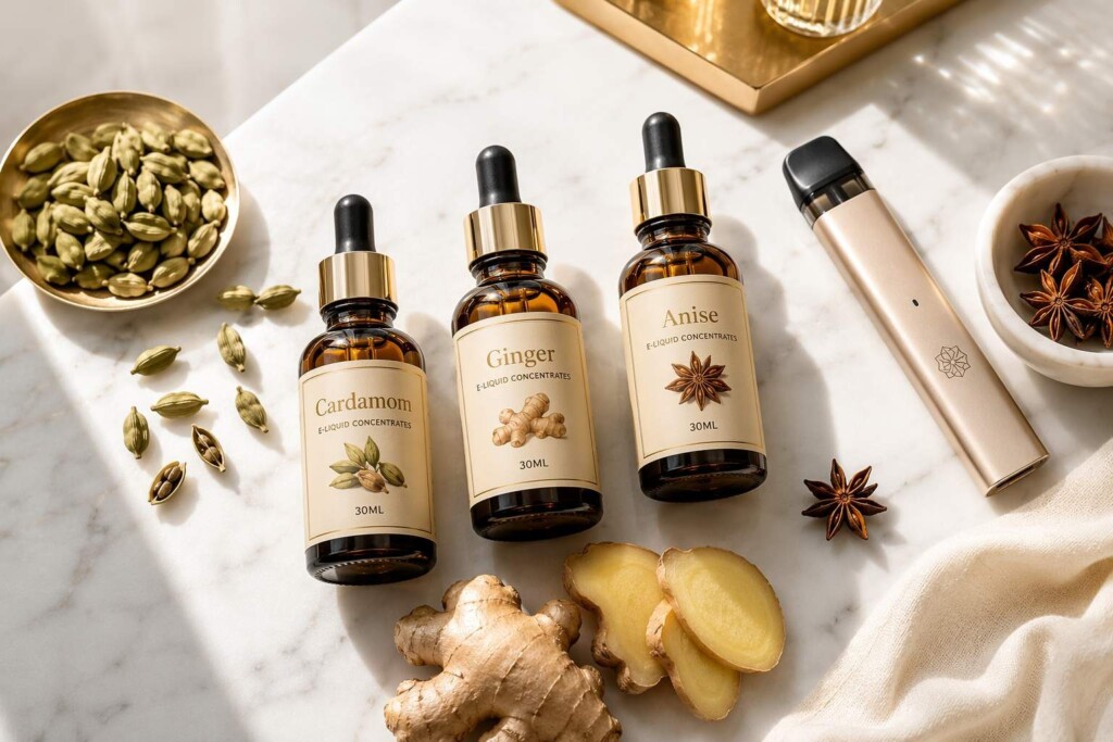 CUIGUAI Flavoring's premium spice e-liquid concentrate collection: cardamom, ginger, and anise. Manufactured in Guangdong, China with GMP compliance and full safety documentation for e-liquid brands worldwide.