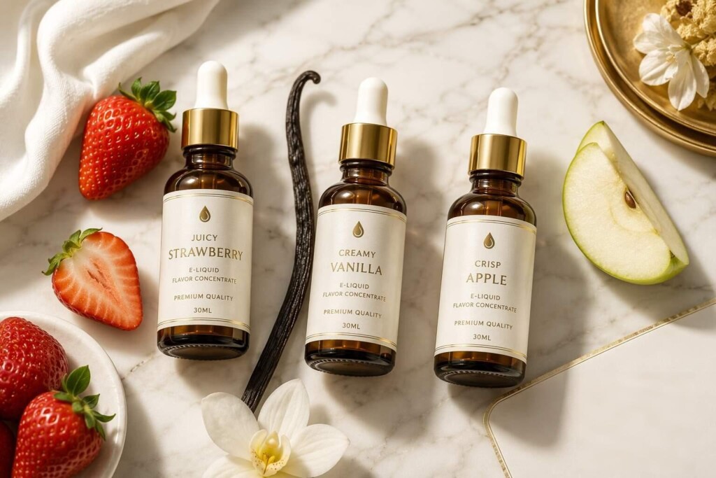 CUIGUAI Flavoring's premium texture-profile e-liquid concentrate collection: juicy strawberry, creamy vanilla, and crisp apple. Manufactured in Guangdong, China with full sensory specification documentation for global e-liquid brands.