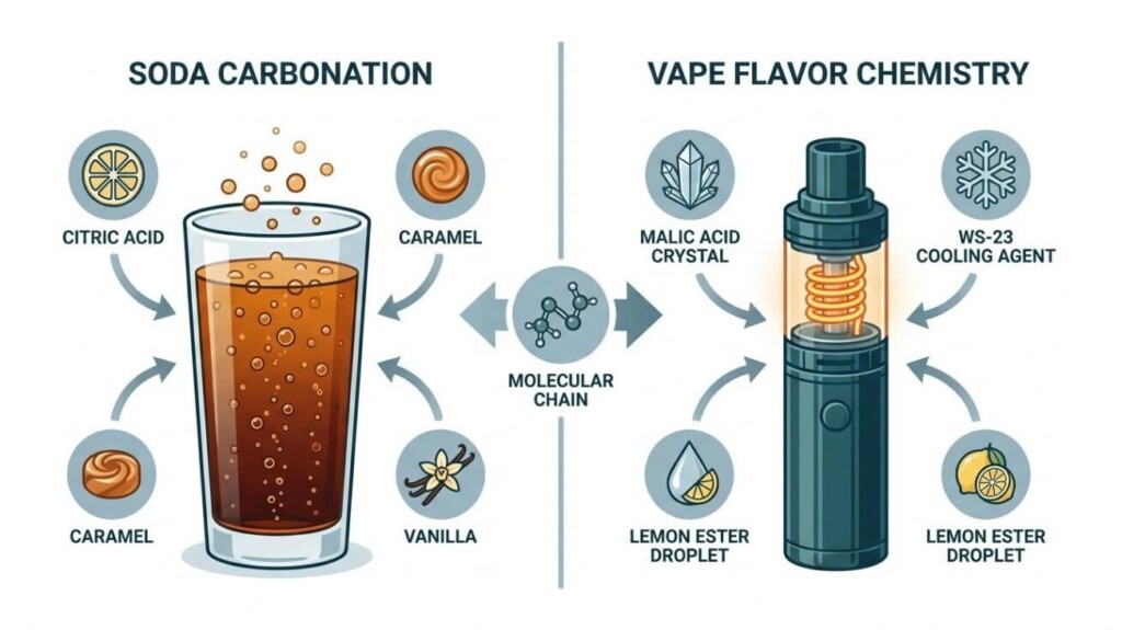 Technical illustration comparing the chemistry of soda carbonation (CO₂ bubbles, citric acid, caramel) with the equivalent e-liquid "fizz" system using malic acid, WS-23 cooling agent, and volatile esters — demonstrating how CUIGUAI Flavoring bridges the two formats.