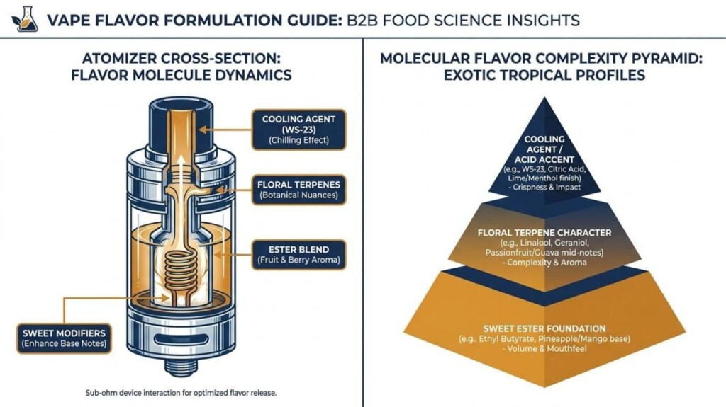 A split-panel technical diagram showing a vape atomizer cross-section (left) with labeled flavor molecule zones and a three-layer flavor complexity pyramid (right) — "Sweet Ester Foundation," "Floral Terpene Character," "Cooling Agent/Acid Accent" — for exotic tropical e-liquid formulation by CUIGUAI Flavoring.