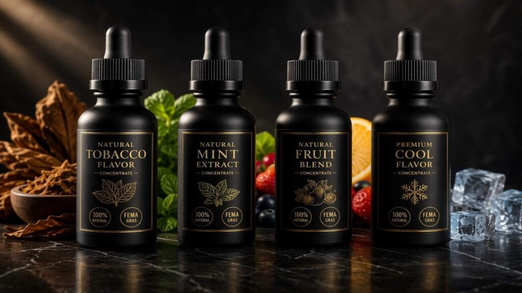 CUIGUAI Flavoring's premium natural-aligned e-liquid concentrate lineup — Natural Tobacco Flavor, Natural Mint Extract, and Premium Cool Flavor — in matte black bottles with gold certification labels on dark marble. Available for global B2B OEM supply with full analytical documentation and natural origin certification.