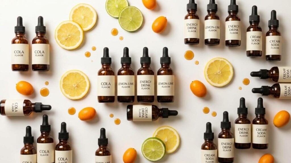 Product showcase of CUIGUAI Flavoring's soda-category e-liquid concentrate lineup — including cola, lemon-lime, energy drink, and cream soda profiles — all GC-MS verified and supplied with full regulatory documentation for global OEM e-liquid production.