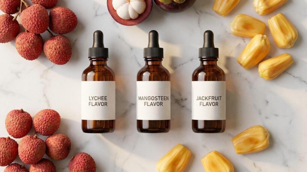 CUIGUAI Flavoring's exotic tropical e-liquid flavor concentrate lineup — Lychee, Mangosteen, and Jackfruit — displayed with fresh tropical fruit accents on white marble. Available for global B2B OEM supply with full GC-MS verification, regulatory documentation, and free sample program.