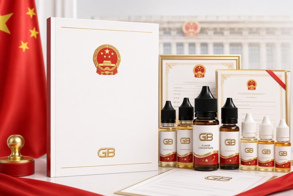 Une présentation d’e-liquide sur le thème de la conformité représente la documentation et l’examen du produit conformément à la norme nationale obligatoire de la Chine.