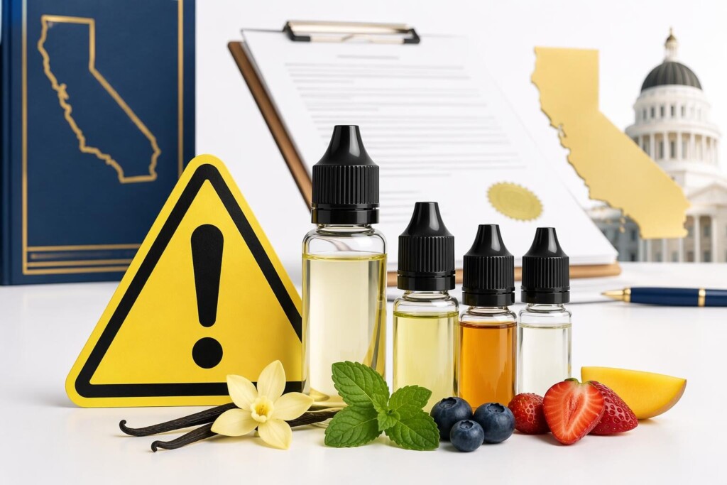 E-liquide Prop 65, avertissement pulégone, exposition au bêta-myrcène