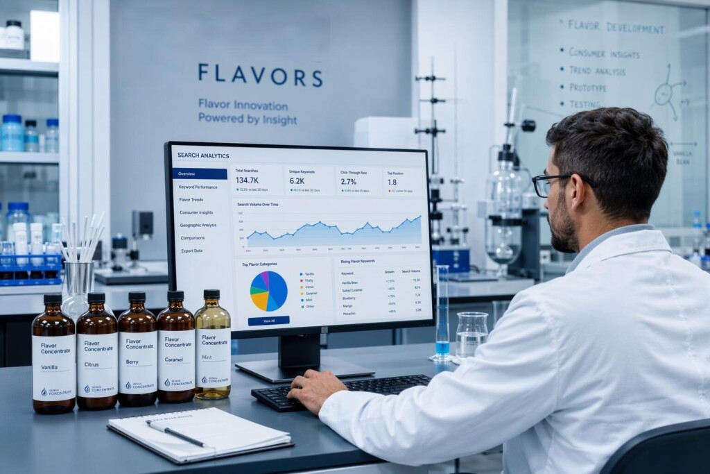 Un chimiste des saveurs croisant les analyses de volume de recherche avec les données sur les composés de saveurs pour guider le développement de concentrés de e-liquides B2B.