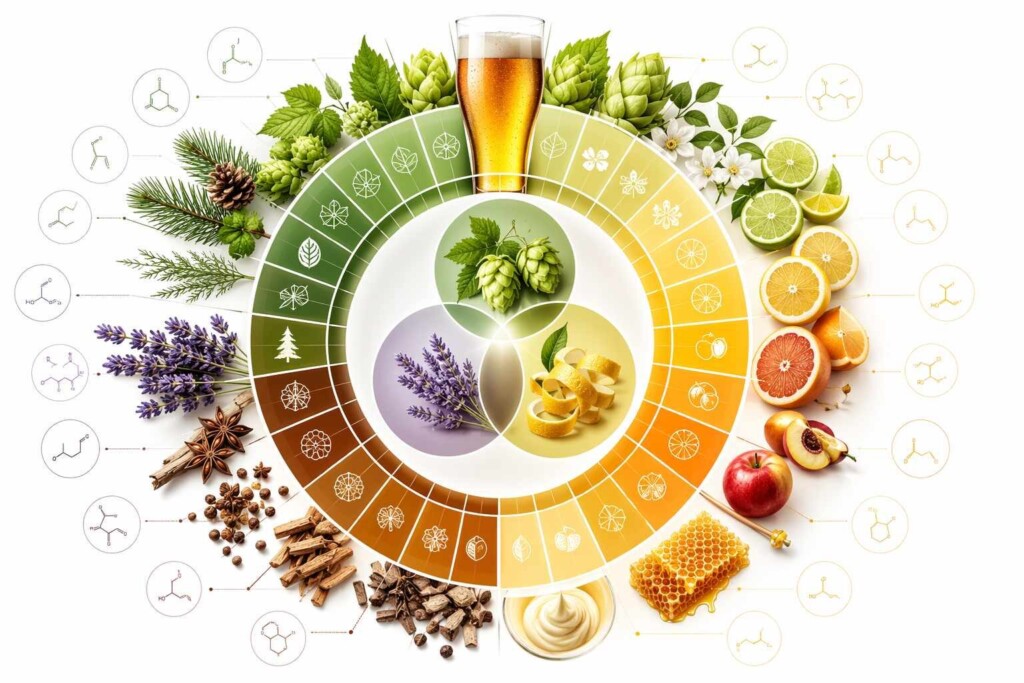 专业的香气化学可视化显示了精酿啤酒啤酒花萜烯（月桂烯、芳樟醇、香叶​​醇）和电子液体风味酯之间的化合物重叠 - 说明了有效的 IPA、黑啤酒和小麦啤酒电子烟风味搭配的分子基础。
