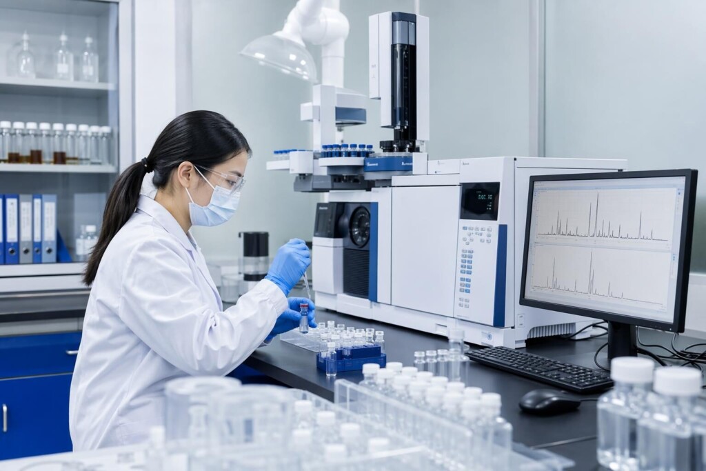 Un analyste de laboratoire prépare des échantillons à côté de l'équipement de chromatographie pour les tests d'identité et de composition.