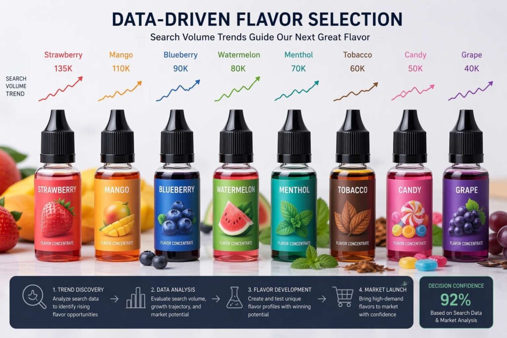 Une gamme soigneusement sélectionnée de concentrés de saveurs de e-liquide choisie sur la base d'une analyse des tendances de volume de recherche, représentant les catégories de saveurs les plus performantes pour les fabricants de e-liquides B2B.