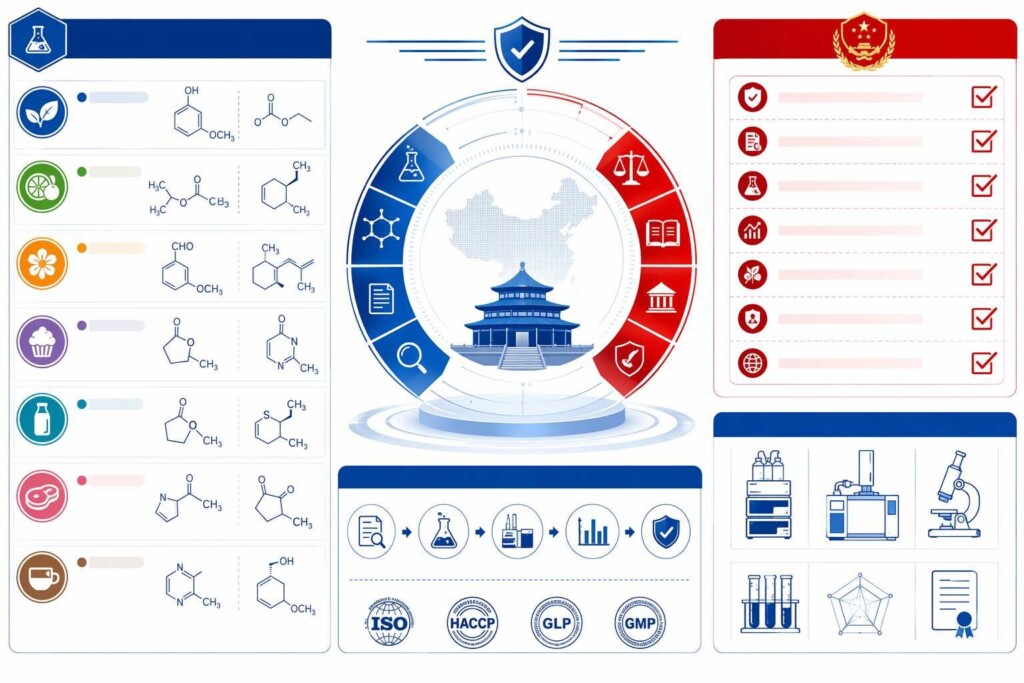 Une infographie représente la cartographie des constituants, l'examen analytique et les décisions de conformité documentées pour les produits du marché chinois.