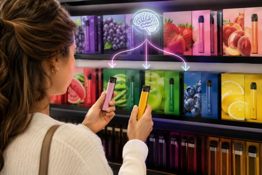 Une visualisation de la psychologie du consommateur montrant le biais cognitif de l'effet halo de santé en action lors de la sélection de produits de vapotage aromatisés aux fruits, illustrant comment la couleur, les indices de saveur et l'emballage déclenchent une réduction du risque perçu dans la prise de décision des consommateurs.