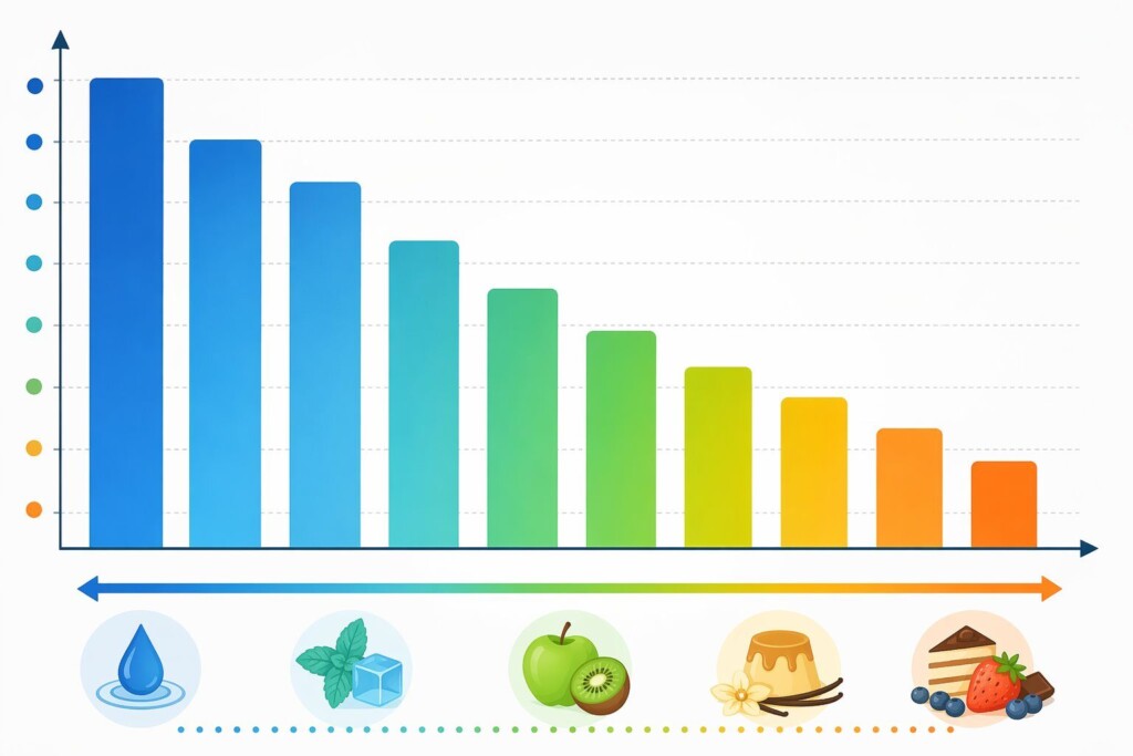 Une visualisation comparative de la complexité des saveurs des e-liquides par rapport à la durée de vie des résistances à travers les catégories de saveurs — des profils de tabac/menthol pur avec une longévité maximale du matériel aux formulations de desserts complexes avec une forte charge en édulcorants et une durée de vie des résistances réduite.
