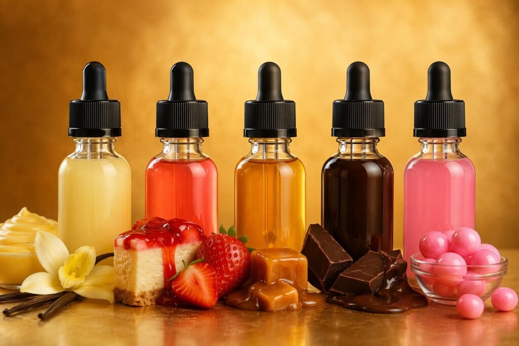 A professional range of dessert-profile e-liquid flavor concentrates — vanilla custard, strawberry cheesecake, caramel, chocolate — representing the highest-demand sweet categories in the dietary craving substitution use case, formulated for maximum retronasal olfaction performance and calorie-free satisfaction.