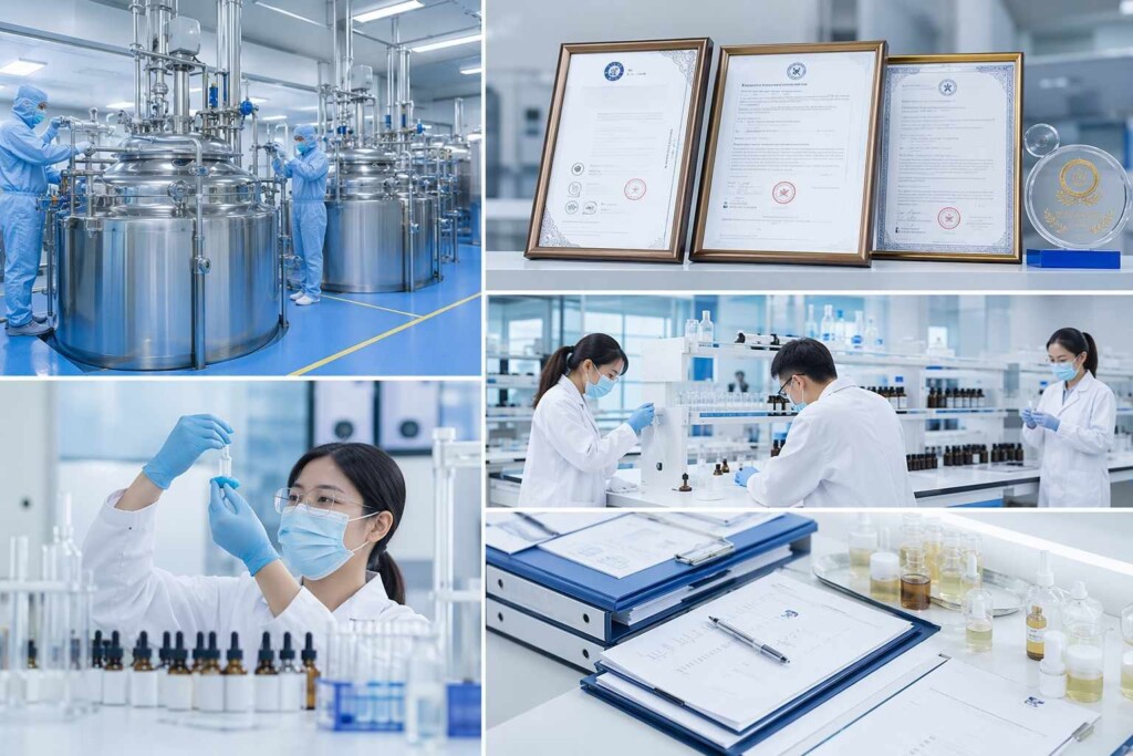 Un collage de fabrication et de laboratoire illustre une production contrôlée, des tests, des enregistrements et une surveillance de la qualité.