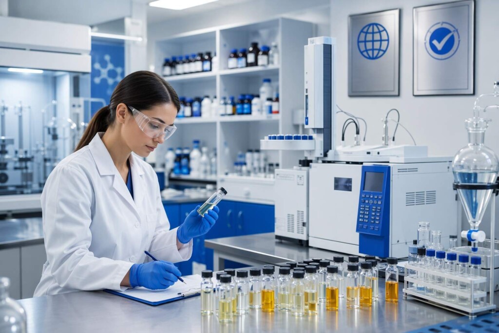 Le laboratoire certifié GMP de Cuiguai Flavor effectue la vérification de la sécurité sans diacétyle et l'analyse GC-MS pour les concentrés de saveurs de fruits de grade e-liquide — soutenant les clients de marques sur les marchés de vapotage réglementés et émergents à l'échelle mondiale.