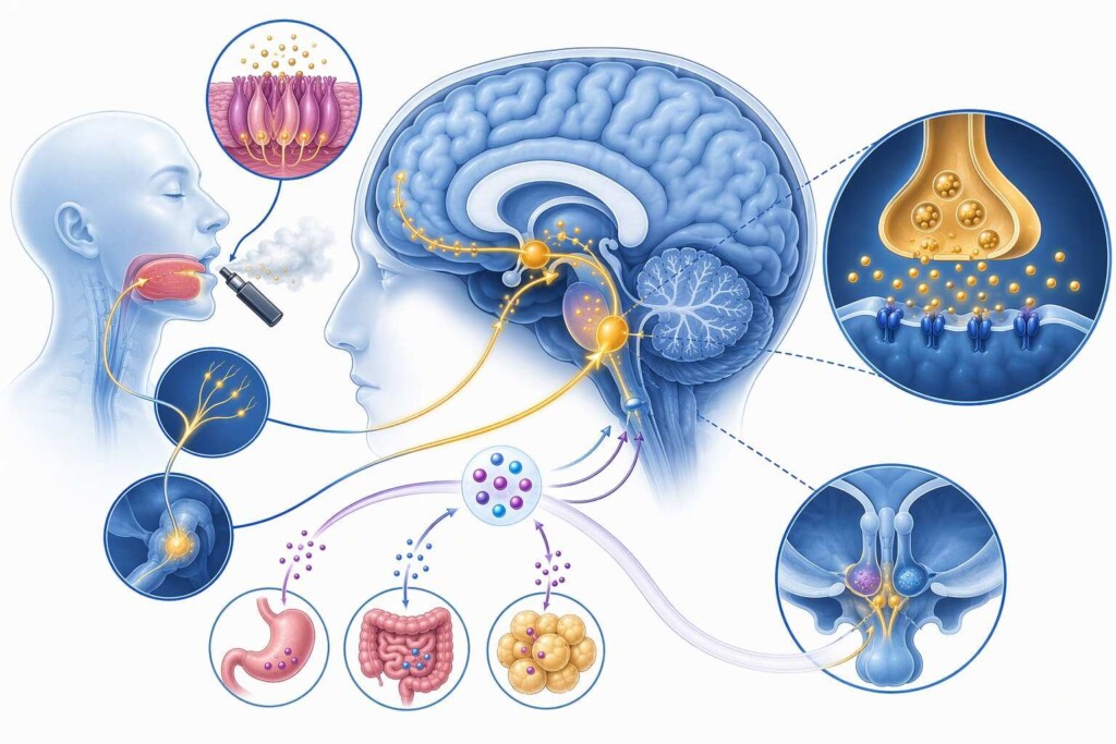 A neuroscience visualization of how sweet aroma compounds in e-liquid vapor interact with taste receptors and brain reward circuits — explaining the neurobiological mechanism by which sweet-flavored vaping partially suppresses dessert cravings through olfactory reward pathway activation.