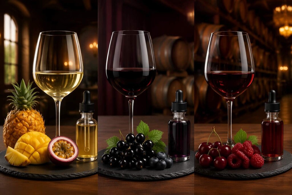 A professional wine varietal e-liquid pairing visualization — Chardonnay with tropical fruit concentrates, Cabernet Sauvignon with dark berry blackcurrant, Pinot Noir with cherry raspberry — illustrating the aroma chemistry basis for wine-vape flavor matching across major varietals.