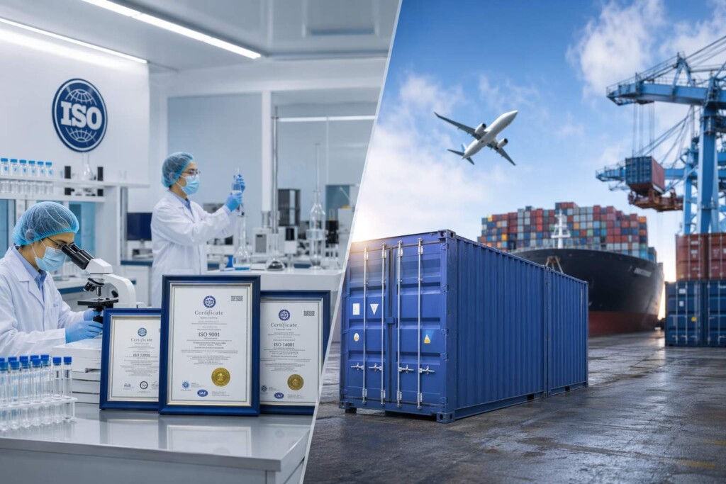 Cuiguai Flavor's dual compliance and global reach capability: certified laboratory quality management on the left, global export logistics on the right — enabling supply to both regulated and unregulated international vaping markets.