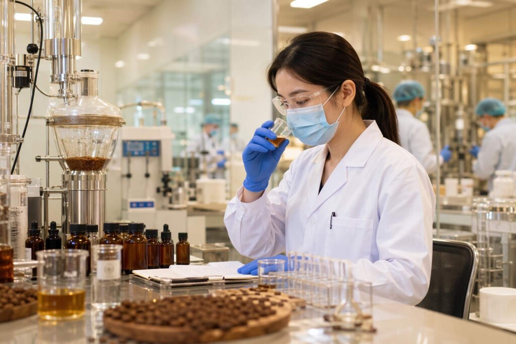 Cuiguai Flavor's GMP-certified manufacturing facility developing coffee-inspired and morning-occasion e-liquid flavor concentrates — including espresso, tobacco-vanilla, and caramel profiles — with ISO22000 certification, caffeine-content transparency, and full FIDO documentation for global B2B customers.