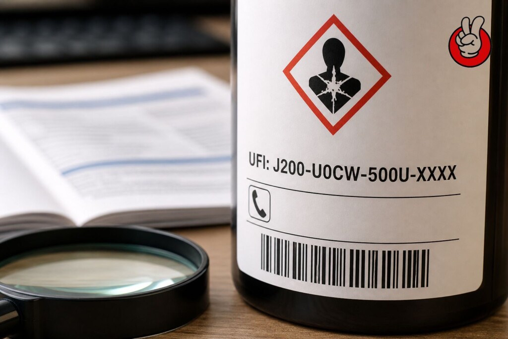 欧盟电子液体标签的特写，显示 UFI 印刷在四个连字符块中，带有 UFI：前缀，已在 CUIGUAI Flavor 合规实验室中进行审查。