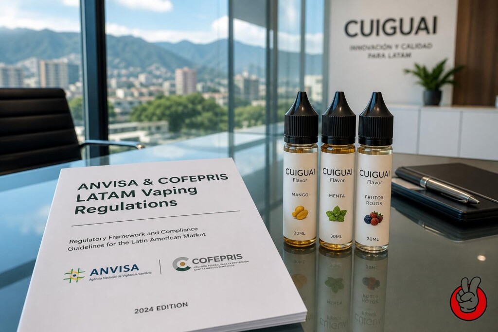 现代化的办公桌上摆放着有关 ANVISA 和 COFEPRIS LATAM 电子烟法规的文件，以及优质 CUIGUAI 风味电子烟液瓶。