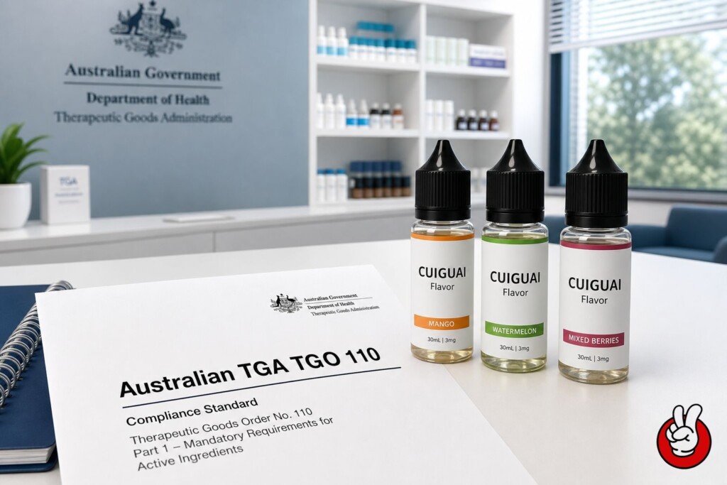 现代化的临床办公桌上摆放着有关澳大利亚 TGA TGO 110 法规的文件以及优质 CUIGUAI 风味电子烟液瓶。