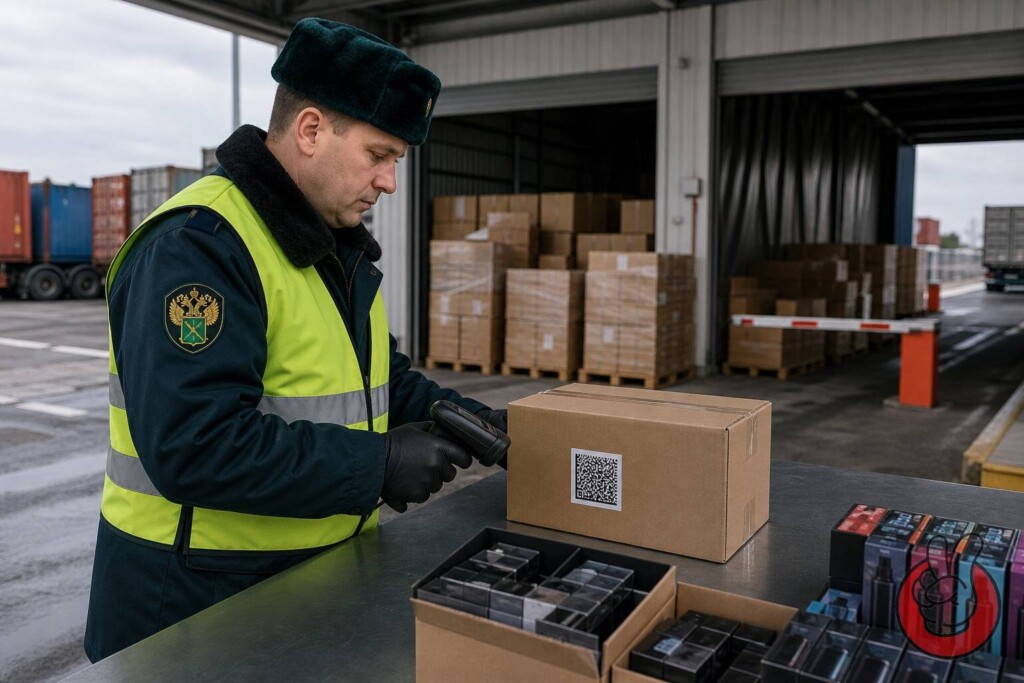 A Russian customs inspector scans a Data Matrix code on an imported carton — the physical enforcement point where Chestny Znak compliance for e-liquids and vape products is verified at the border.